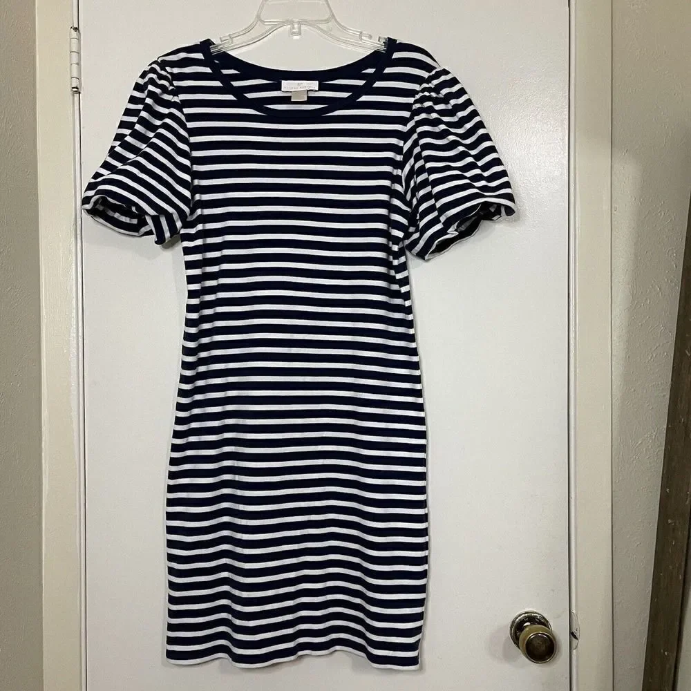 Rachel Parcell navy Stripe cotton Bubble Sleeve T-Shirt Dress size Small - Picture 2 of 8